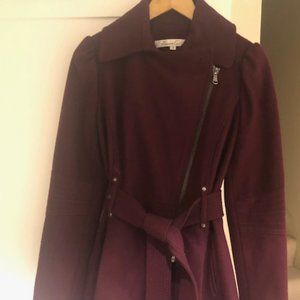 Ladies Maroon Wool Belted Trench Style Coat
